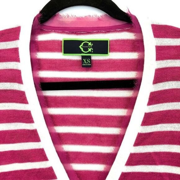 C Wonder Size XS Pink White Stripe V-Neck Knit Cardigan Sweater Chiffon Trim - Picture 4 of 7